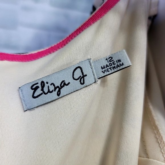 Eliza J Womens 12 Cream Black Geometric Pleated Skirt 3/4 Sleeve Fit Flare Dress - Picture 10 of 11